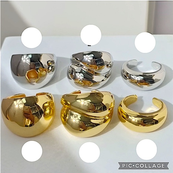 Sterling Silver Geometric Glossy Cuff Minimalist Statement Ring Set - Picture 3 of 12